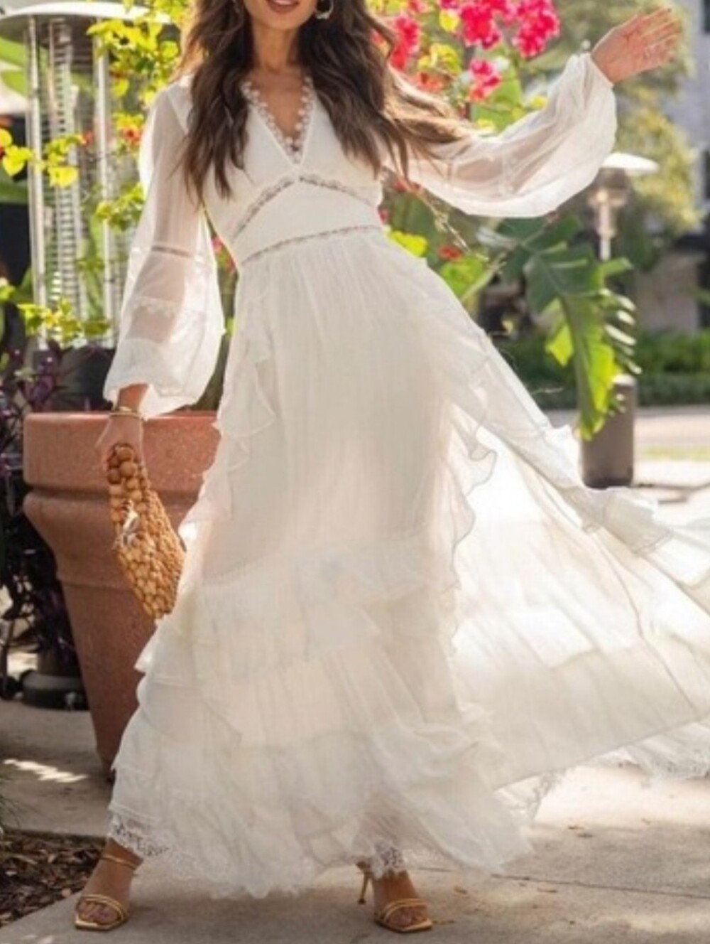 Rococo Sand Mia Long-Sleeve Ruffled Maxi Dress White Lace V-Neck Boho Resort XS